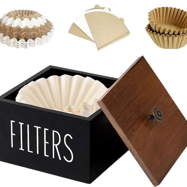 ESEHGS Coffee Filter Holder, Wooden Coffee Filter Container Coffee Filter Storage with Lid, Rustic Coffee Filter Dispenser Basket for Coffee Bar Decor, Farmhouse Coffee Bar Accessories (Black)
