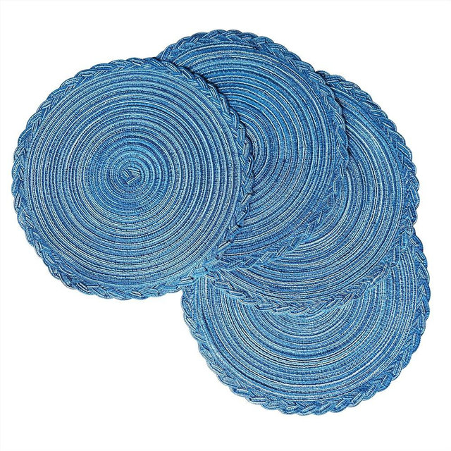 15 inch Round Woven Table placemats Set of 4 Spiral-Shaped Textured Braided Edge for Family Dining Table Restaurant Bars Parties Weddings and More. (4, Navy Blue)