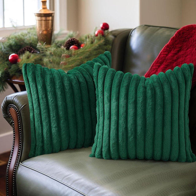 Pallene Faux Fur Plush Christmas Throw Pillow Covers 18x18 Set of 2, Luxury Soft Fluffy Striped Decorative Pillow Covers for Sofa, Couch, Living Room, Christmas Green