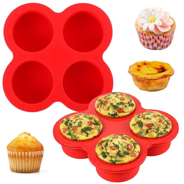 Neyauo 2 Pack Air Fryer Egg Bite Molds 4-Cups Silicone Egg Bite Molds Food Grade Round Muffin Pan Non-Stick Eggs Baking Pan for Baking Mini Muffins Eggs Bites Tart Mini Cupcake Quiche(Red)