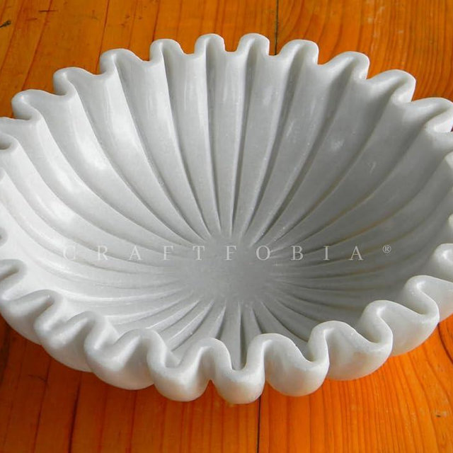 CRAFTFOBIA HandCrafted Marble Bowl/Antique Scallop Bowls/Fruit holder/Vintage Ring Dish gift/Marbles Decorative Bowls, Ruffle Flower Bowl/Marble Fluted dish, deco Jewelery (7 inches)