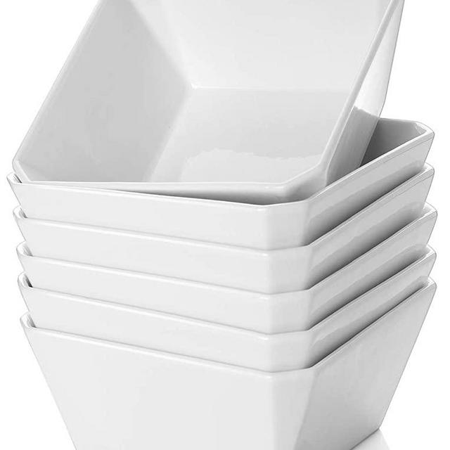 SAMSLE Porcelain Cereal Bowls, 16 oz Square Serving Bowls Set, 5 Inch White Ceramic Bowls for Cereal, Soup, Snack,Dessert and Marmalade, Dishwasher & Microwave Safe, Set of 6