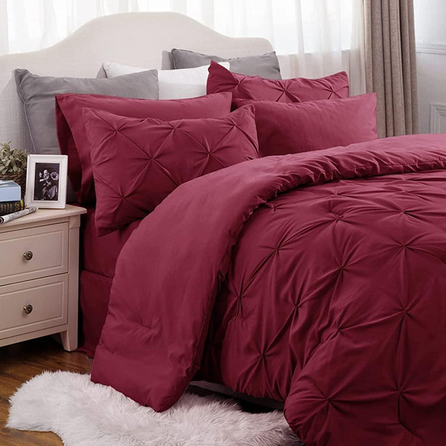 BEDSURE California King Comforter Set - Cal King Bed Set 7 Pieces, Pinch Pleat Burgundy Cali King Bedding Set with Comforters, Sheets, Pillowcases & Shams