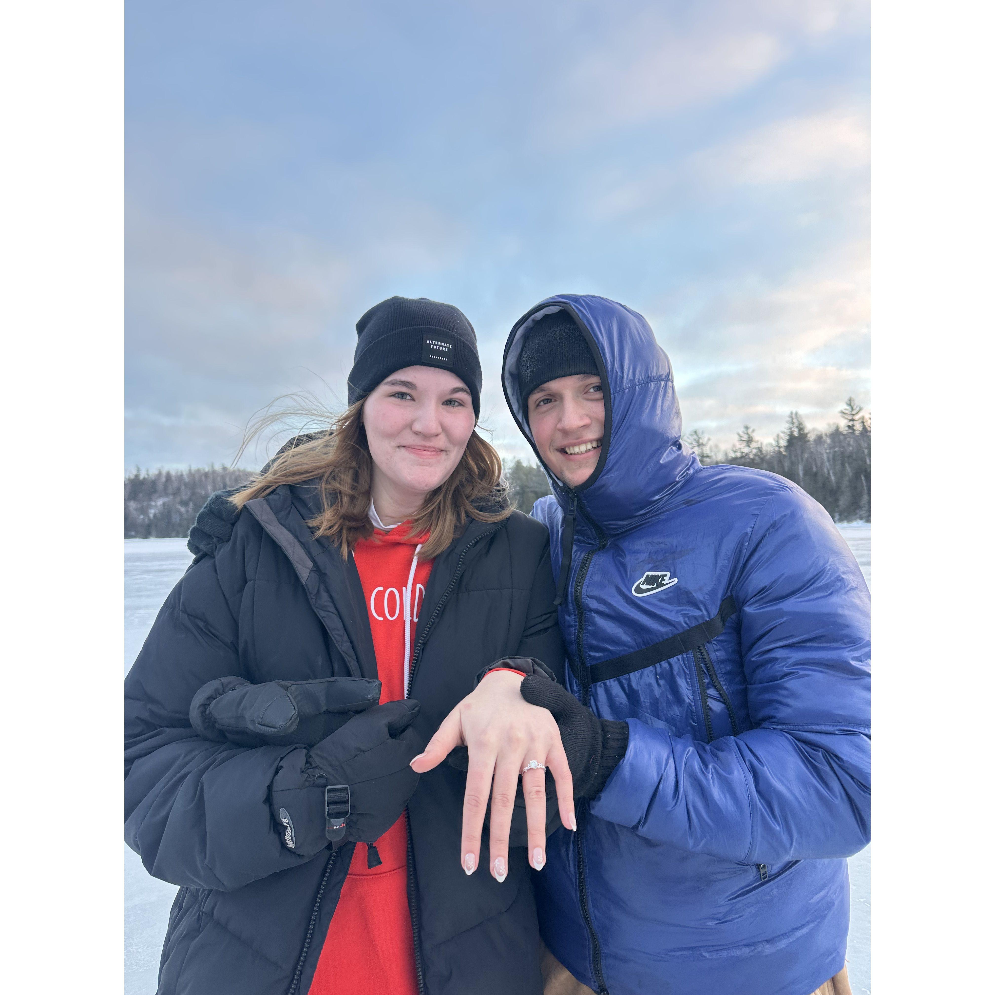 Engaged January 3rd on Scarp Lake in -23 windchill!
