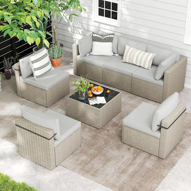 PATIOPIA 7-Piece Outdoor Sectional Sofa Set, Weather-Resistant Patio Furniture Set with Washable Cushions and Coffee Table, Grey Rattan Patio Conversation Set for Poolside, Backyard, Deck (Grey)