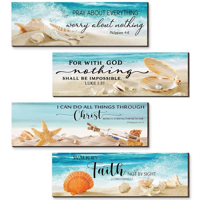 Maitys 4 Pcs Christian Wall Decor Beach Ocean Theme Inspirational Wall Art Rustic Bible Verses Seashell Sign Farmhouse Wooden Hanging Decor, 4 Styles(15.8 x 5.2 x 0.2 Inch)