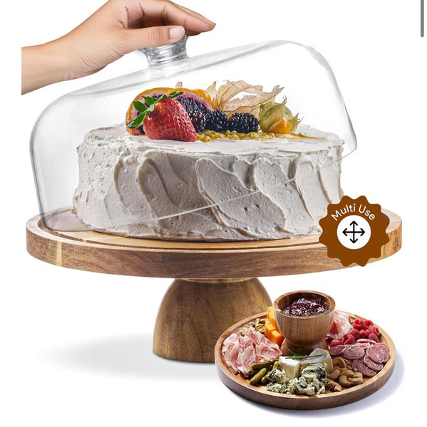 Acacia Wood Cake Stand with Lid - Cake Stand with Dome,12in Round Cake Holder, 2-in-1 Dessert Table Display Set & Charcuterie Board for Cheese, Chips & Dips, Fruit Platter, Large Acrylic Cake Dome Cover