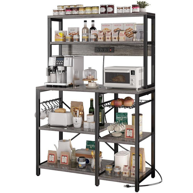 SUPERJARE Bakers Rack with Power Outlet, 35.4 Inches Coffee Bar with Wire Basket, Kitchen Microwave Stand with 6 S-Shaped Hooks, Open Storage Shelves, Charcoal Gray