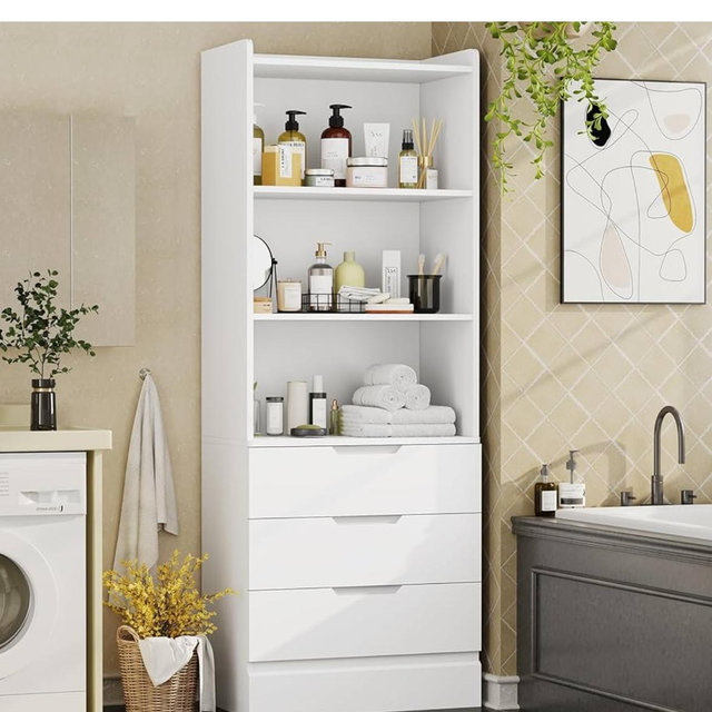 DICTAC 73.23'' Tall Storage Cabinet Bookcase with 3 Drawers and 3-Tier Open Shelves Wooden Bookshelf Kitchen Pantry Storage Organizer Cabinets for Living Room, Study, Kitchen,Bathroom,White