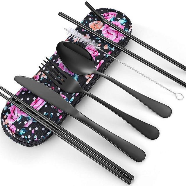 Travel Utensils,Reusable Silverware Set To Go Portable Cutlery Set with a Waterproof Carrying Case for Lunch Boxes Workplace Camping Picnic (Black)