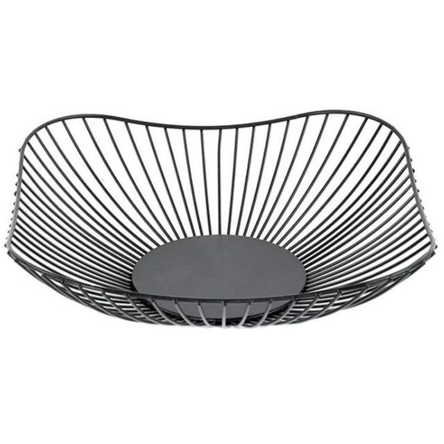 Modern Wire Fruit Bowl Dish Stand for Kitchen Counter, Large Square Black Mesh Storage Basket for Bread, Vegetable, Snack (Square)