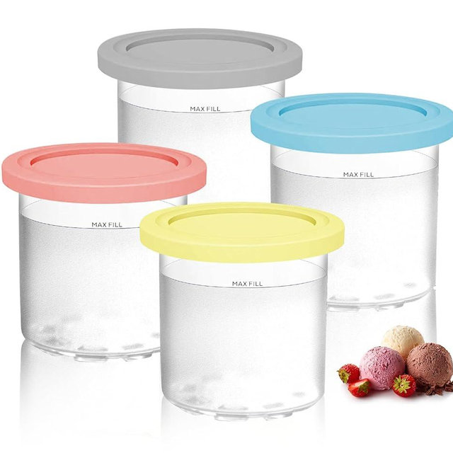4 Pack Ice Cream Containers Compatible with Ninja Creami NC299AMZ NC300 & NC301 Series Ice Cream Maker, Replacement Pints Containers and Lids, BPA-Free & Dishwasher Safe, Grey/Blue/Pink/Yellow