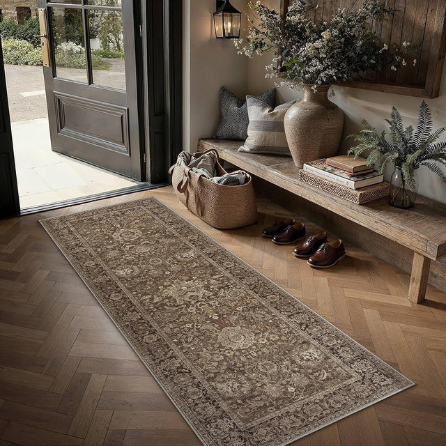 HUGEAR Entryway Rugs 2x5 Brown Washable Rug Neutral Vintage Rug Carpet Distressed Soft Durable Non Slip No Shedding for Indoor Hallway Bedroom Kitchen Dining Nursery Laundry