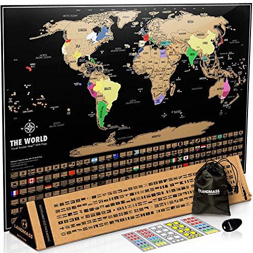 Landmass Scratch Off Map of The World - Black Scratch Off World Map Poster with Flags - World Map Scratch Off - Vibrant Colors - The Gift Travelers Want - 17 x 24 Inches Travel Tracker Map