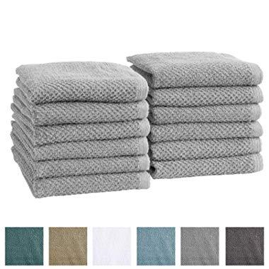 12-Pack 100% Cotton, Quick-Dry Textured Washcloths. Ultra-Absorbant, Popcorn Weave. Acacia Collection. (Wash 12pk, Light Grey)