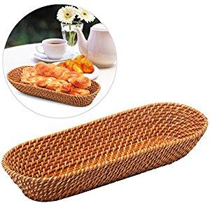 MyGift 15 Inch Rattan Bread Basket, Long Woven Tabletop Serving Platter, Brown