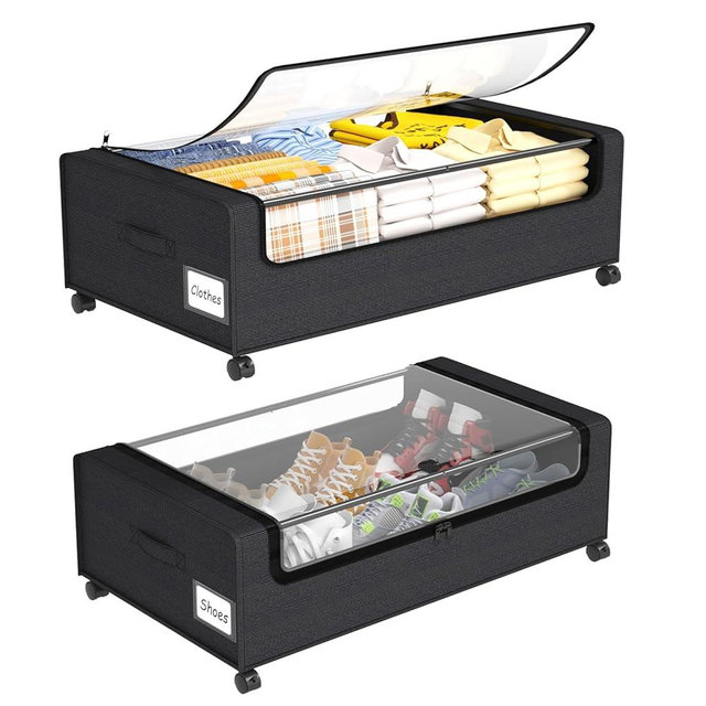 Under Bed Shoe Storage Organizer, 10 Inch Rolling Underbed Drawers for Clothes, Blankets, Winter Clothing & Shoes - Metal Frame Storage Bins with Handles, Dual Zippers, Clear Window 2 Pack Black