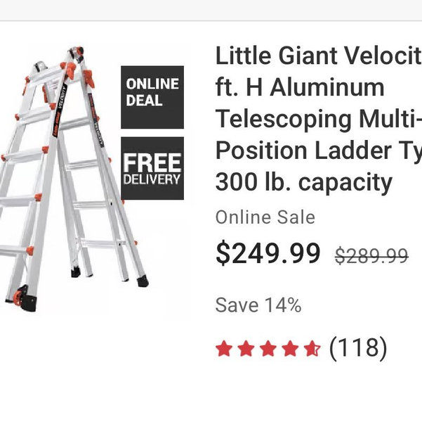 Little Giant Velocity 22 ft. H Aluminum Telescoping Multi-Position Ladder Type IA 300 lb. capacity