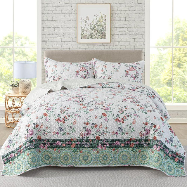 Travan 3-Piece Quilt Set Quilted Bedspread Lightweight Coverlet Set Garden Style Floral Printed Oversized Quilted Bedding Set with Shams for All Season, Exquisite, Queen Size
