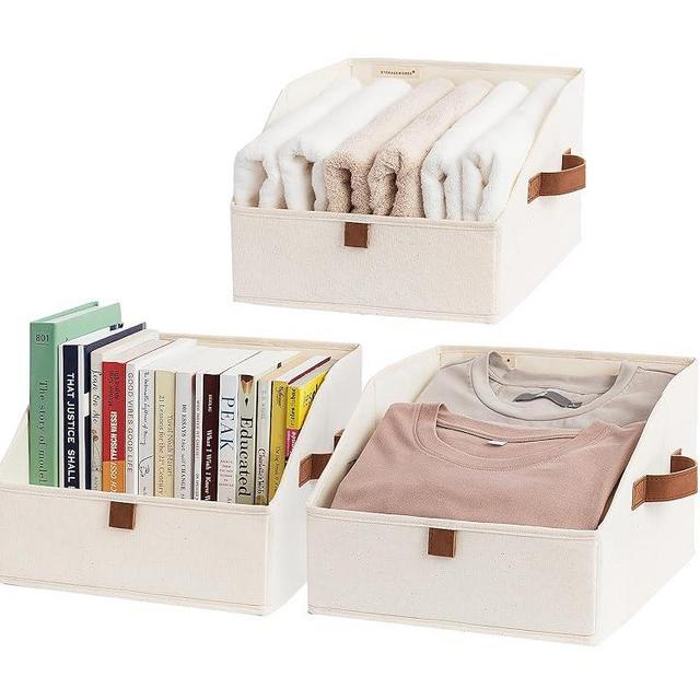 StorageWorks Closet Organizer Bins, Trapezoid Storage Box, Fabric Storage Baskets for Shelves, Small, Ivory White, 3-Pack