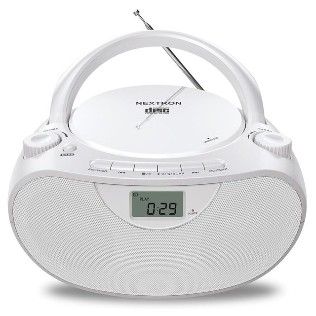 Nextron Portable Stereo CD Player Boombox with AM/FM Radio, Bluetooth, USB, AUX-in, Headphone Jack, CD-R/RW and MP3 CDs Compatible, Clear and Full Sound with Bass Boost, AC/Battery Operated – White