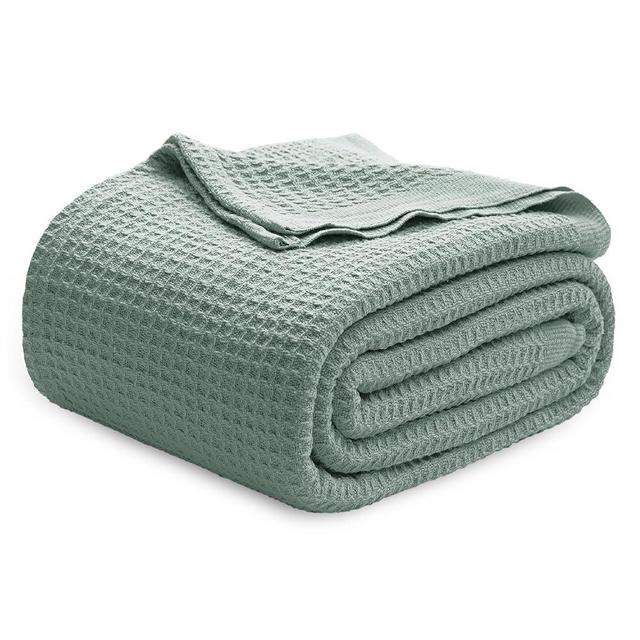 Bedsure 100% Cotton Blankets Queen Size for Bed - Waffle Weave Blankets for Summer, Lightweight and Breathable Soft Woven Blankets for Spring, Sage Green, 90x90 Inches