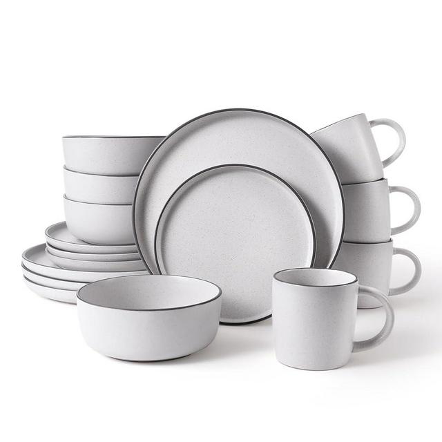 MTLWTL Stoneware Dinnerware Set, Kitchen Plates and Bowls Set 16 Pieces, Microwave and Dishwasher Safe Kitchen Must Haves - Speckled Design Dishes Set for 4 White