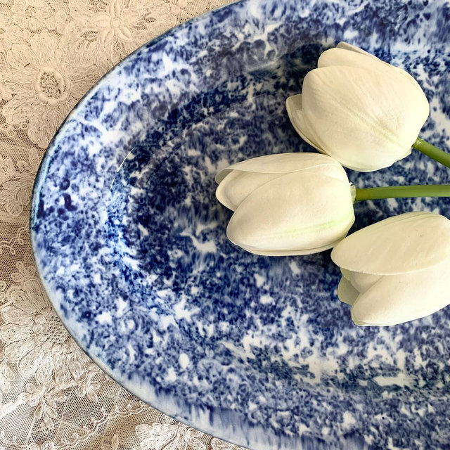 Antique 19th Century 1800's Large Blue White Oval Ironstone Spongeware Stoneware Platter,Rustic Primitive Cottage,Farmhouse,Gift under 100