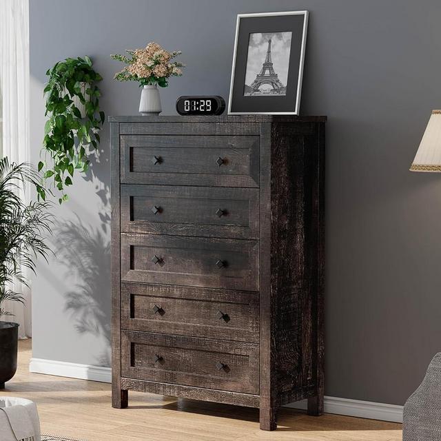 LUXOAK Farmhouse 5 Drawers Dresser, Wood Rustic Chest of Drawers for Bedroom, Tall Dressers Organizer with Metal Handles, 5 Drawers Chest for Living Room, Hallway, Entryway, Dark Rustic Oak