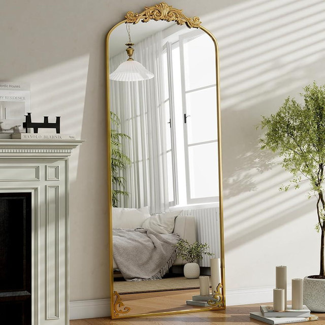 GLSLAND 64"x 21" Vintage Full Length Mirror Large Carved Arched Mirror with Metal Frame Baroque Full Body Mirror for Bathroom/Living Room/Entryway,Gold