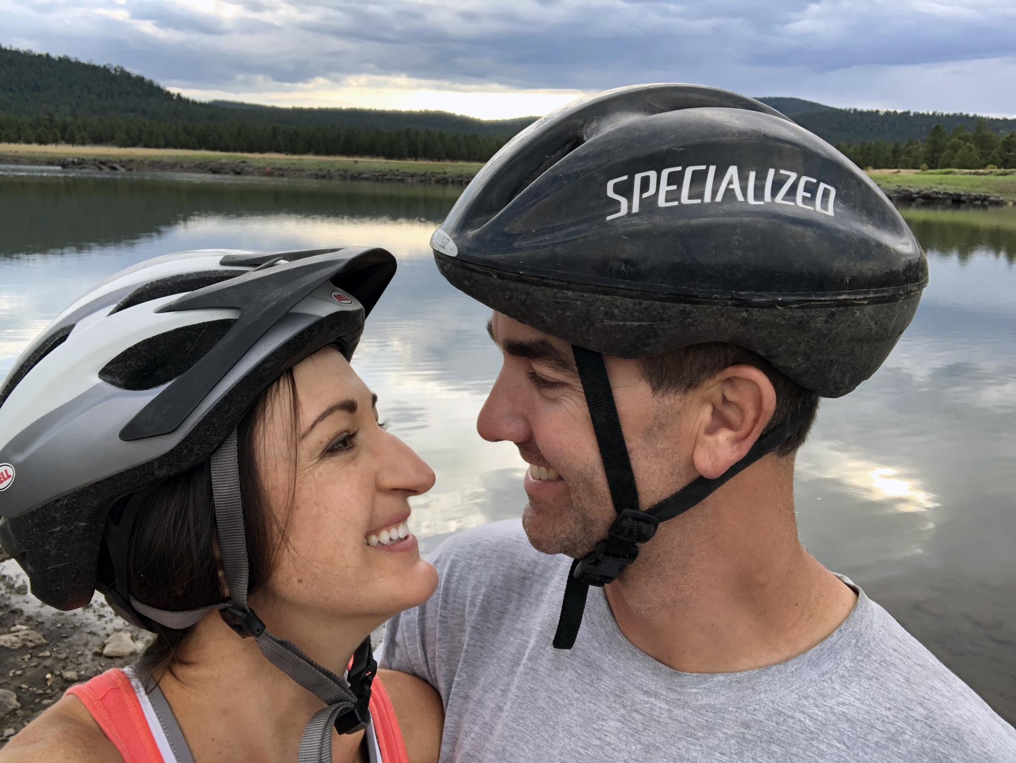 Cycling around a lake on our first camping trip