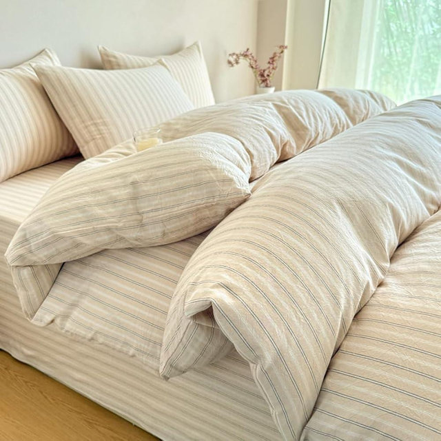PinkMemory Beige Striped Duvet Cover Set Queen 100% Washed Cotton Beige Wide and Pinstriped Bedding Duvet Cover Set with Streak Pillowcases-Ultra Soft Breathable Zipper Closure Corner Ties