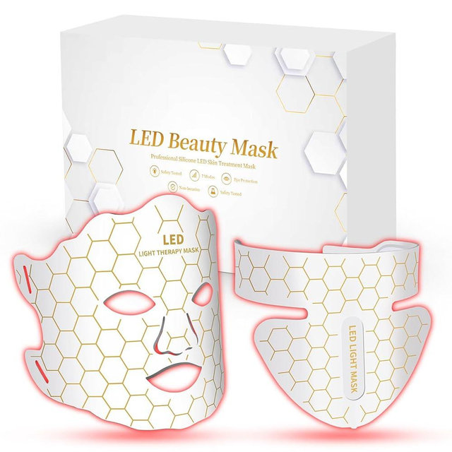 Yahi Red Light Photon Facial & Neck Mask with Remote Control, 7 Custom Modes with Infrared, Portable & Rechargeable with Timer for Home Use, 175 High-Density Light Beads, White