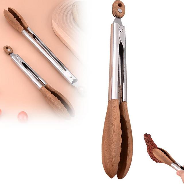 Wooden Tongs for Cooking,Stainless Steel Anti-Slip Long Handle Wood Salad Tongs with Hanging Hole,Household Creative Cooking Tongs for Bbq,Serving Food,Salad Tossing (9 Inch)