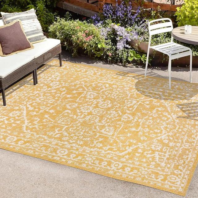 JONATHAN Y SMB104G-5 Malta Bohemian Medallion Textured Weave Indoor Outdoor Area-Rug, Coastal Traditional Transitional Easy-Cleaning,Bedroom,Kitchen,Backyard,Patio,Non Shedding, 5 X 8, Yellow/Cream