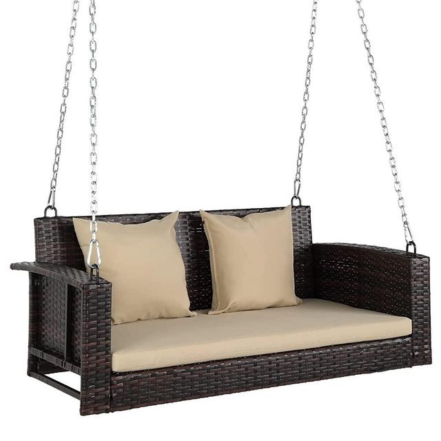 VINGLI Heavy Duty 800 LBS Wicker Hanging Porch Swing with Cushions & Chains, 4FT Outdoor Rattan Swing Bench for Garden, Yard, Lawn (Brown+Beige)