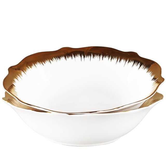 jinsongdafa Rimmed Soup Plates, Pasta Bowls, Golden light pattern White Salad Bowl Set of 2, 27.0 Oz Porcelain Wide Rim Bowls, Best for foodies and restaurants (Salad Bowls, 9.0 Inch)