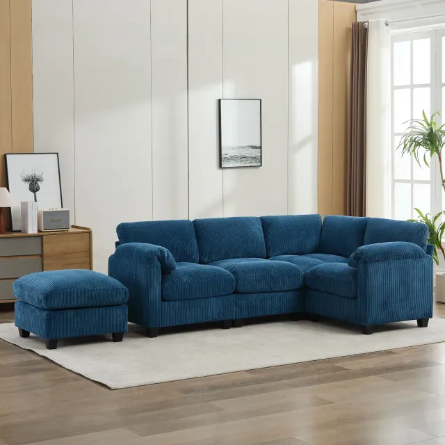 Corduroy Modular Sectional Sofa with Movable Ottoman, U-Shape Upholstered Comfy Couch with Two-Layer Seat Cushion for Living Room