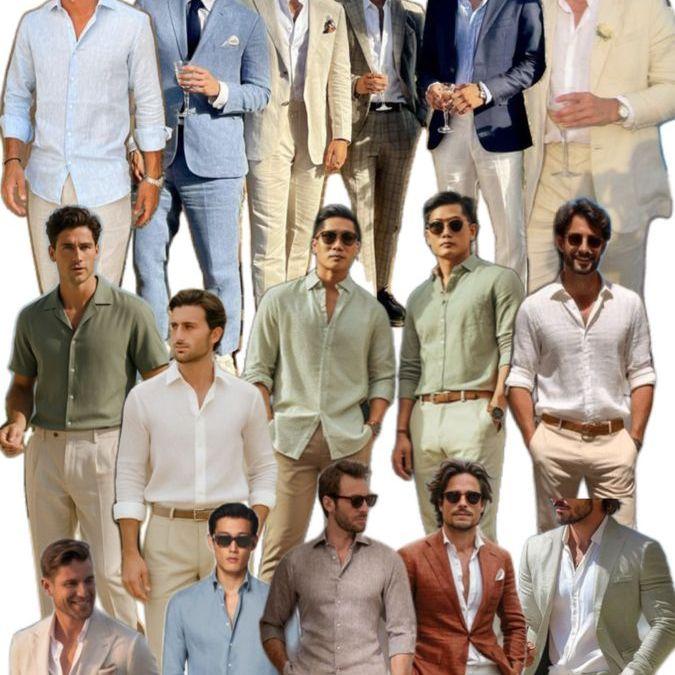 Inspiration for male semi-formal garden attire wedding guest outfits, Includes colored suits or dress pants! Please NO JEANS :)