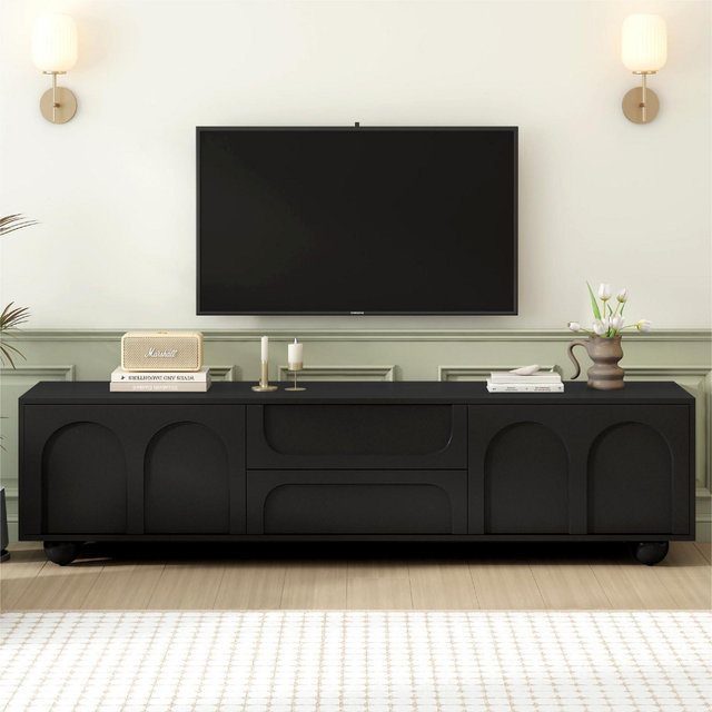 MAYEERTY TV Stand Cream Style for 75 TVs with Arched Doors 2 Drawers Rebound Device 5 Iron Legs Black