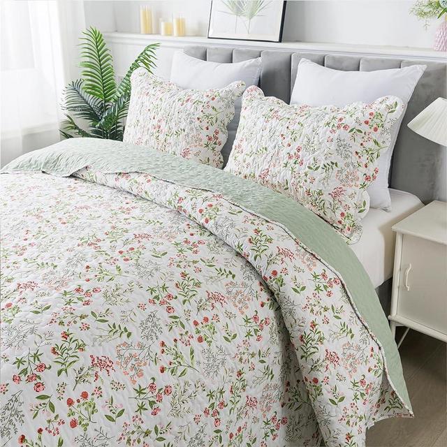 Travan 3-Piece Quilt Set Quilted Bedspread Lightweight Coverlet Set Garden Style Floral Printed Oversized Quilted Bedding Set with Shams for All Season, Flower Sea, Queen Size