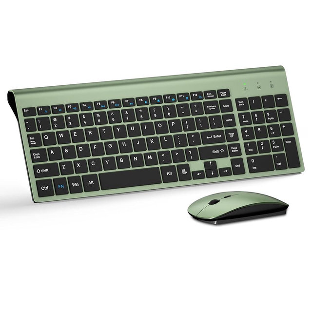 Wireless Keyboard and Mouse Ultra Slim Combo, TopMate 2.4G Silent Compact USB 2400DPI Mouse and Scissor Switch Keyboard Set with Cover, Batteries Included, for PC/Laptop/Windows/Mac - Green Black