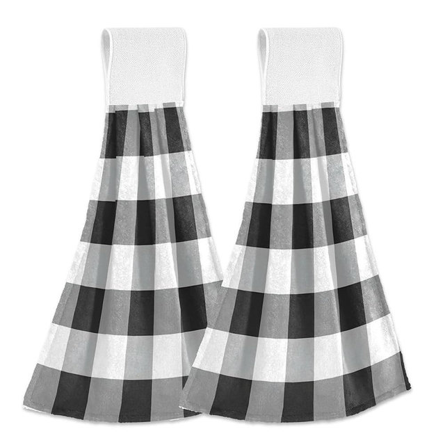 ALAZA Black and White Buffalo Plaid Hanging Kitchen Towels Set of 2 Plaid Hand Towel with Hanging Loop Soft Absorbent for Bathroom Farmhouse Home Decor