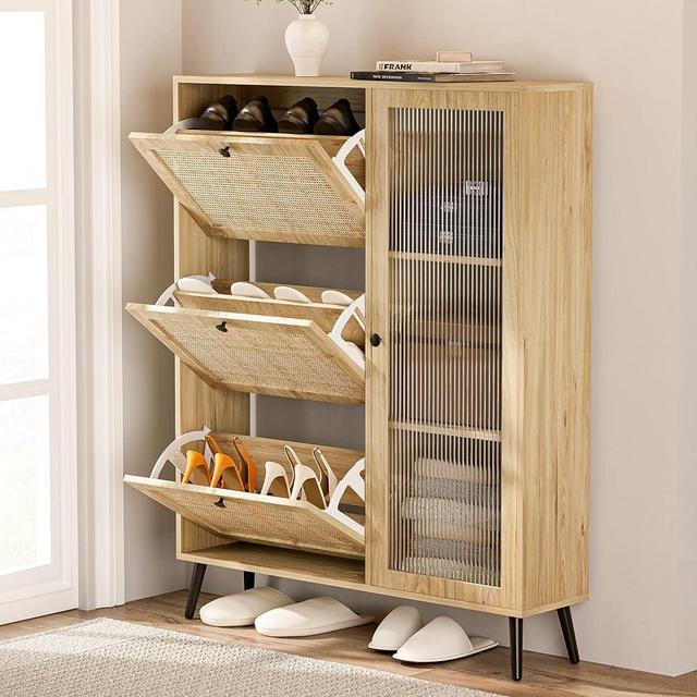 AOVSA Natural Rattan Shoe Cabinet, Boho 3-Tier Shoe Rack Storage Cabinet with Flip Drawers and Glass Door Storage Shelves, Narrow Free Standing Shoe Rack for Living Room Entrance Hallway (Natural)