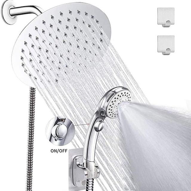 LOHNER High Pressure 8'' Rainfall Stainless Steel Round Shower Head/Handheld Shower Combo with Brass Diverter Valve and Adhesive Shower Head Holder