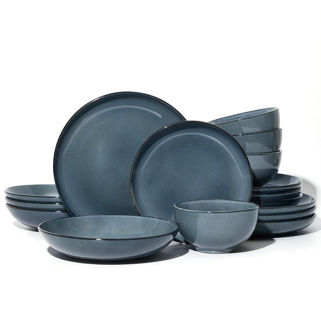 Pokini 16 Piece Double Bowl Dinnerware Sets with Pasta Bowls, Highly Chip and Crack Resistant Plates and Bowls Sets, Natural Earthyware Ceramic Dishware Sets, Service for 4 Jeans Blue
