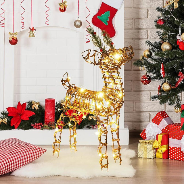 Christmas Reindeer Outdoor，23.6" H Light Up Reindeer Decoration，Prelit 3D Rattan Standing Christmas Deer with 40 Warm LED Lights for Xmas Outdoor Indoor Holiday Yard Garden Decor