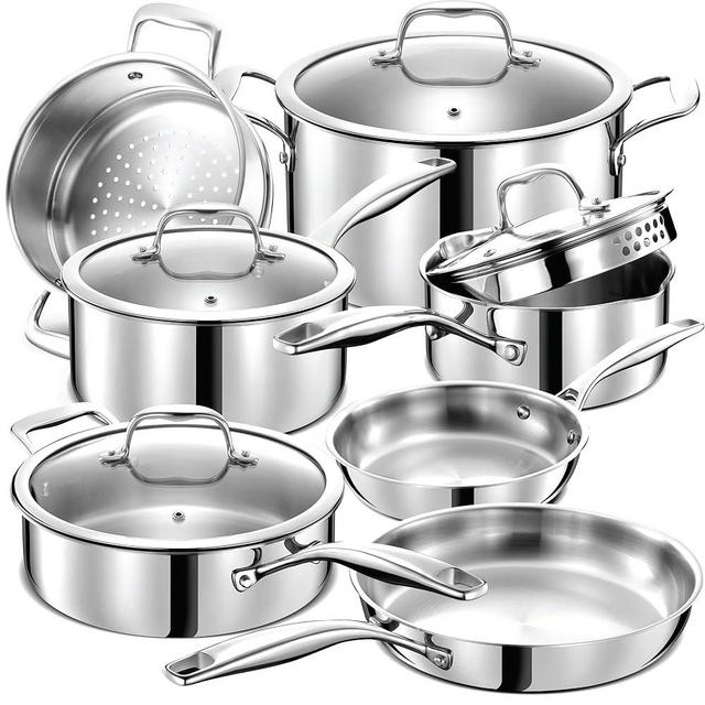 Legend 3 Ply 11 pc Stainless Steel Pots & Pans Set w/Glass Lids - Professional Quality Cookware for Home Cooking & Commercial Kitchen Surface Induction & Oven Safe - Non-Teflon PFOA, PTFE & PFOS Free