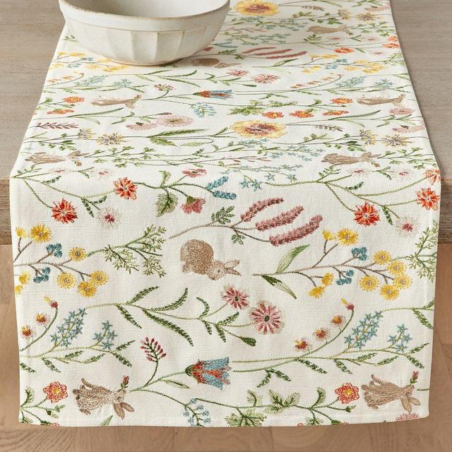 Spring Garden Embroidered Bunny Table Runner, 18x108" - White/Multi