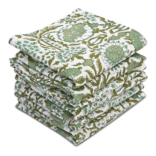 CPC Agate Green Hand Block Printed Cotton Waffle Dish Cloth Set of 6-12x12 Inch Super Absorbent, Soft, Reusable Kitchen Towels for Dish Drying & Cleaning, Ideal for Thanksgiving, Christmas, Fall